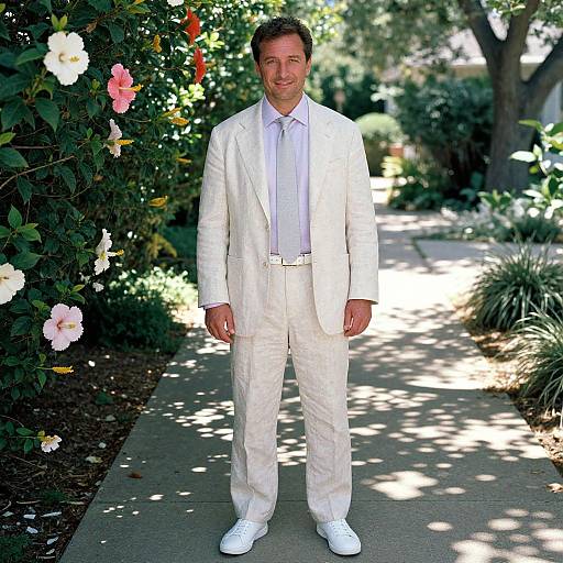Photograph of a man in a white suit and white shoes, standing on a sunlit garden path with blooming roses and trees.