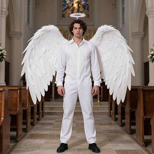Photograph of a curly-haired man with large white angel wings, wearing a white suit and black shoes, standing in a church with wooden pews and