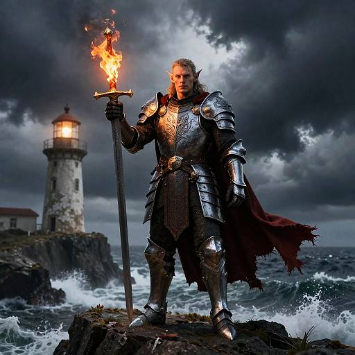 Tiefling Paladin with Flaming Sword on Coastal Cliff