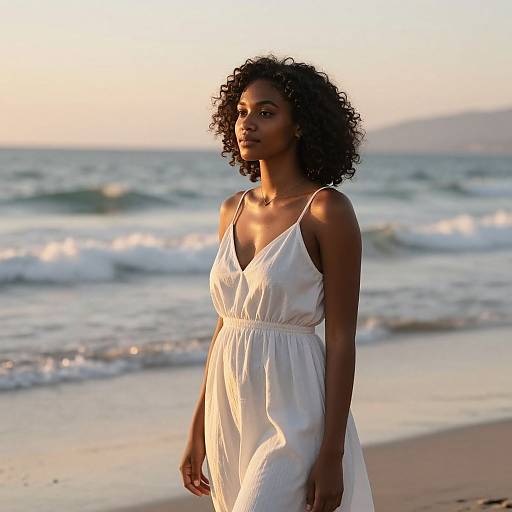 Photograph of a beautiful Black woman with curly hair, wearing a white sundress, standing on a beach at sunset, waves gently crashing in the background