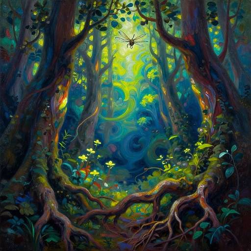 Vibrant digital artwork of a dense, colorful forest with twisted trees, glowing yellow flowers, and a hovering, spider-like creature.