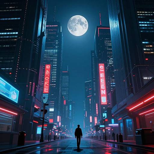 Neon-lit, cyberpunk city street at night with a full moon, silhouetted figure walking, vibrant red and blue neon signs,