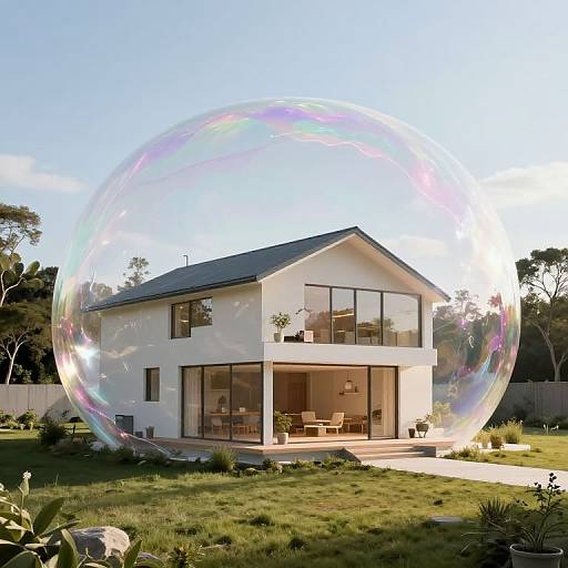 Photorealistic digital image of a modern white two-story house with large windows, surrounded by a glowing, translucent rainbow-colored bubble in a sunny, green