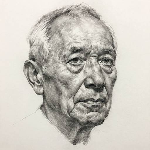 Black and white pencil sketch of an elderly man with wrinkled face, short gray hair, and subtle expression, set against a plain white background.