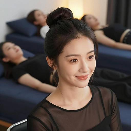 Smiling Woman with Hair Bun in Sheer Black Top