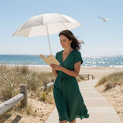 Photograph of a brunette woman in a green dress, holding an umbrella and book, walking on a sandy beach path with grassy dunes and ocean