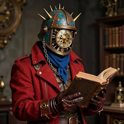 Steampunk figure in red coat, blue scarf, spiked helmet with clock face, reading book in dimly lit, book-filled room. Photoreal