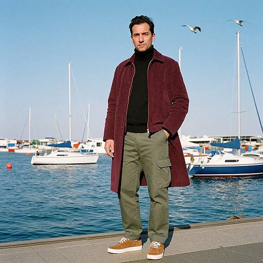 Photograph of a man with dark hair, wearing a maroon coat, black turtleneck, olive pants, and brown sneakers, standing by a