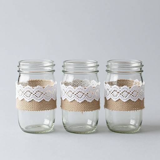 Photograph of three clear mason jars, each adorned with white lace and brown burlap ribbon, standing side by side on a white background.