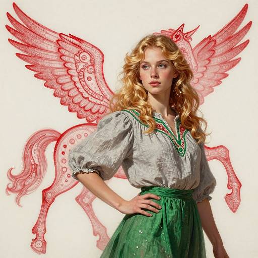 Photograph-style digital artwork of a blonde woman with curly hair, gray puffed-sleeve blouse, green skirt, and red, ornate angel