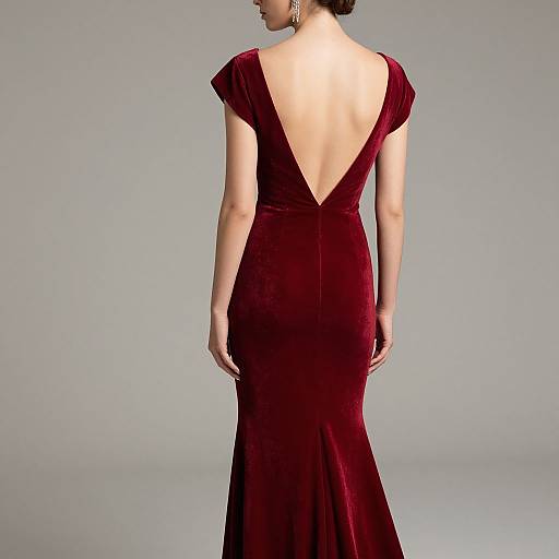 Photograph of a woman from behind wearing a deep red, velvet, backless evening gown with short sleeves, against a plain gray background.