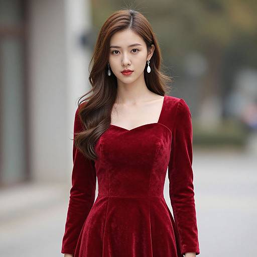 Photograph of an East Asian woman with long brown hair, wearing a red velvet dress, white square neckline, and dangling earrings, standing outdoors with a