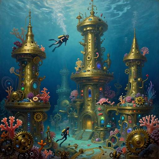 Digital fantasy artwork: underwater scene with steampunk towers, colorful corals, gears, and two scuba divers, one in mid-swim near