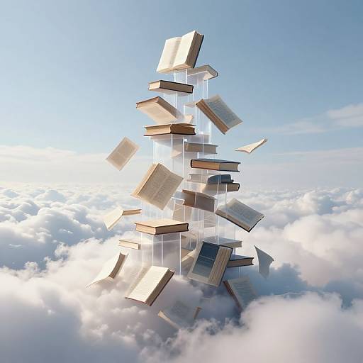 Photorealistic CGI of floating books ascending into a bright blue sky above fluffy white clouds, creating a dreamy, ethereal effect.