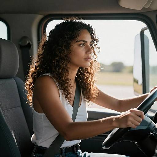 Sunlit Determined Woman Driving a Truck