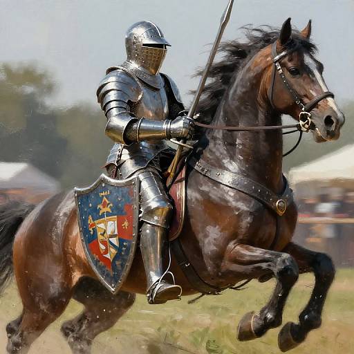 Photograph of a knight in shiny silver armor on a galloping brown horse, with a blue shield featuring a red crest, in a grassy