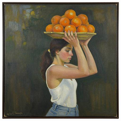 Oil painting of a young woman with fair skin, dark hair in a ponytail, wearing a white tank top and blue jeans, holding a plate of