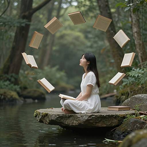 Photograph of an Asian woman in a white dress, sitting on a mossy rock by a forest stream, with floating open books surrounding her.