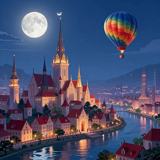 Digital illustration of a glowing full moon, colorful hot air balloon, and illuminated medieval castle city by a reflective river at night.