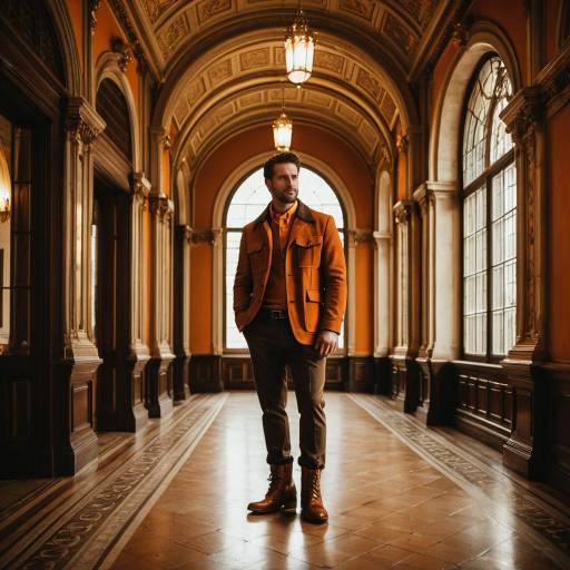 Man in Orange Outfit in Ornate Hallway