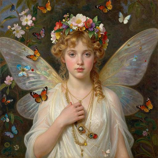 Digital painting of a fair-skinned, blonde fairy girl with translucent wings, floral crown, white dress, and necklace, surrounded by butterflies and flowers.