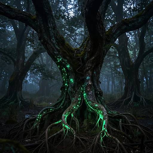Neon Glowing Tree Roots in Swamp