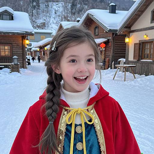 Photograph of a young girl with brown braided hair, red velvet cloak, and blue embroidered dress, smiling in a snowy, wooden chalet village
