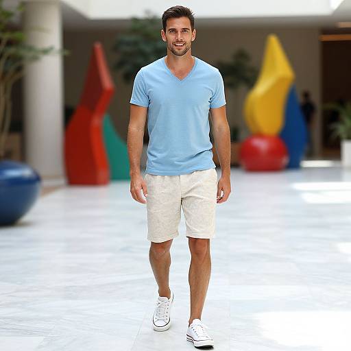 Photograph of a smiling, fit man with short dark hair, wearing a light blue V-neck shirt, white shorts, and white sneakers, walking in
