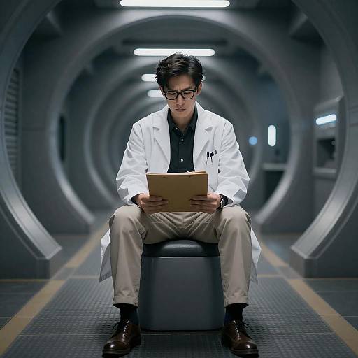 Scientist in Futuristic Tunnel