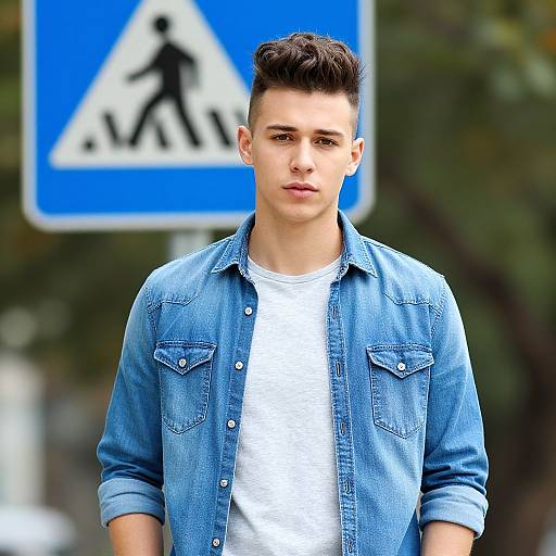 Photograph of a young, fair-skinned man with short, dark brown hair, wearing a blue denim shirt over a white t-shirt, standing in