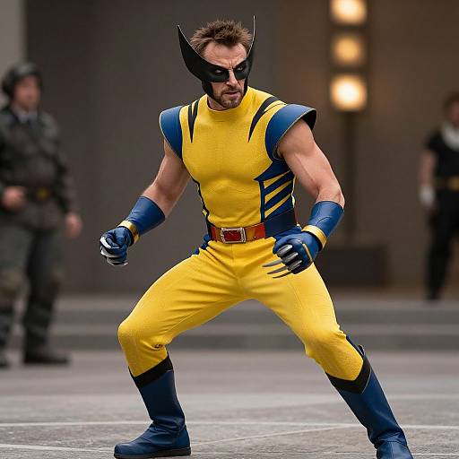 Photograph of a muscular man in a yellow and blue superhero costume with black mask, gloves, and boots, striking a dynamic pose on a city street