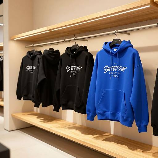 Photograph of four hoodies on wooden shelves; three black with white text, one bright blue with white text, under fluorescent lights.