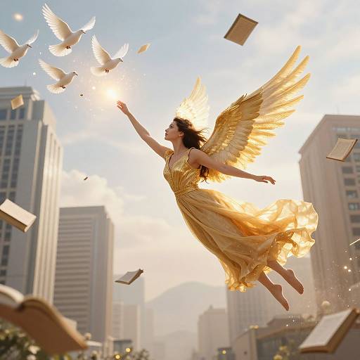 Photograph of a winged woman in a flowing golden dress, floating among flying white doves and floating books in a sunlit urban sky.
