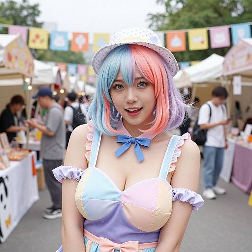 Photograph of a young woman with pastel-colored blue and pink hair, wearing a white hat, frilled blue-and-pink dress, and blue