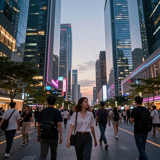 Photograph of a bustling city street at dusk with tall, illuminated skyscrapers, diverse pedestrians, and vibrant neon lights. A young woman in a