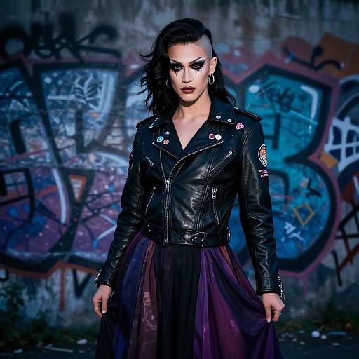 Photograph of a confident, dark-haired woman in a black leather jacket and purple skirt, standing against a graffiti-covered concrete wall.