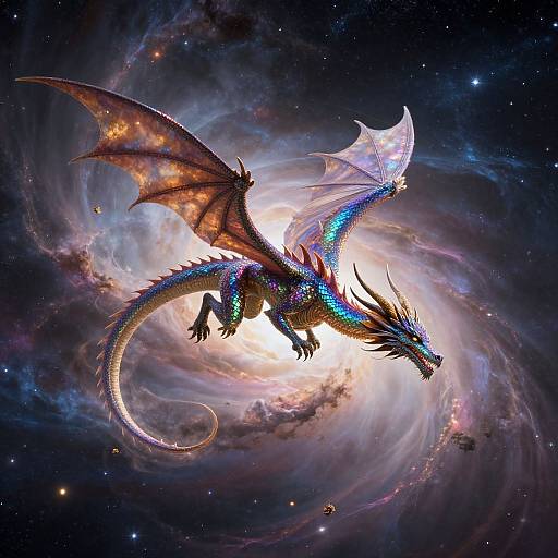 Digital artwork of a vibrant, iridescent dragon with glowing wings soaring through a swirling, colorful galaxy with a bright, luminous core.