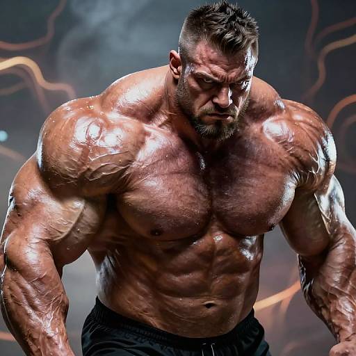 Photograph of a highly muscular, shirtless, bearded man with oiled skin, dark hair, intense expression, and black pants, set against