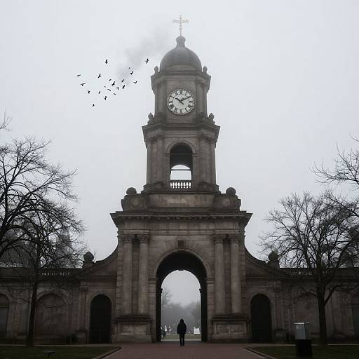 Photograph of a foggy, gray stone clock tower with a large arched entrance, bare trees, and a lone figure in silhouette. Birds fly