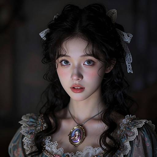 Photorealistic digital portrait of a fair-skinned, dark-haired woman with blue eyes, wearing a lace-trimmed dress and an oval locket
