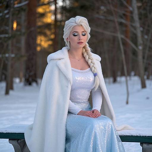 Photorealistic CGI of a blonde woman with icy blue eyes, wearing a white fur cloak and shimmering blue dress, sitting on a snow-covered bench