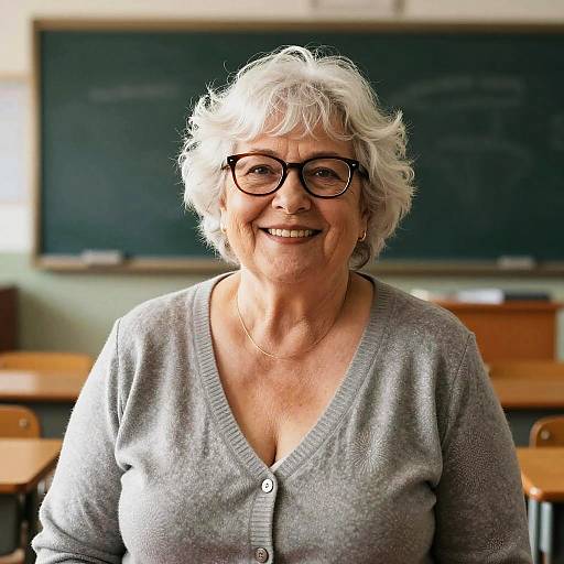 Photograph of a smiling elderly woman with short white hair, wearing black glasses and a gray cardigan, seated in a classroom with a dark chalkboard