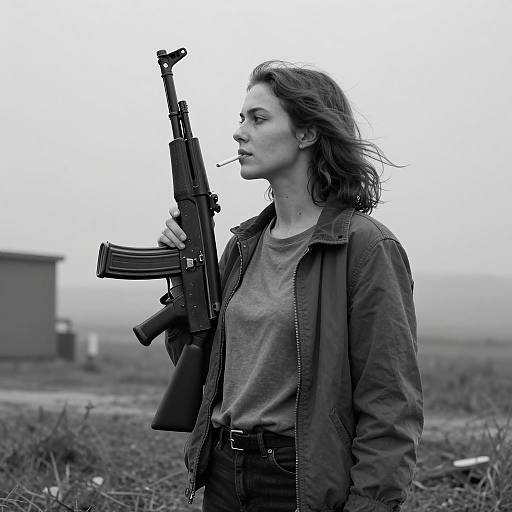 Woman with Rifle in Moody Black and White Portrait