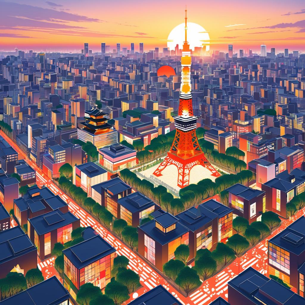 Illustrated Sunset View of Tokyo Landmarks