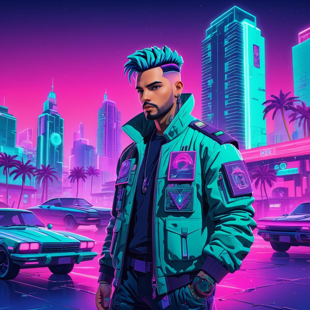 Vivid Cyberpunk Illustration with Teal-Haired Hero