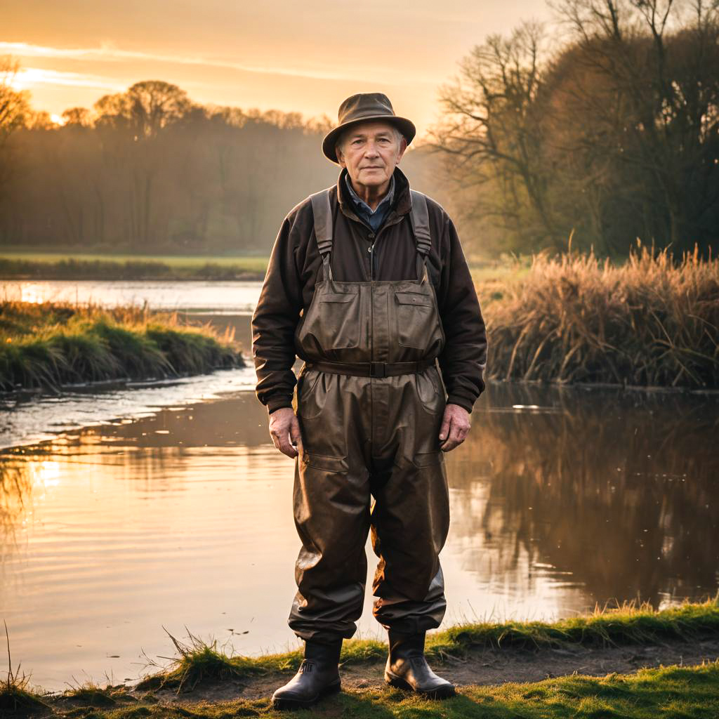 Elderly Fisherman at Sunrise Riverside