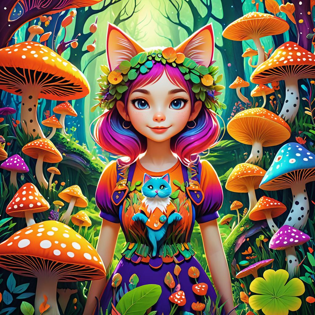 Whimsical Cat Girl in Colorful Fungi