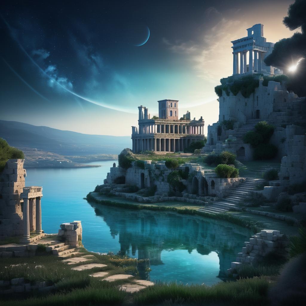 Ancient Greek Ruins with Dark Fairy Castle