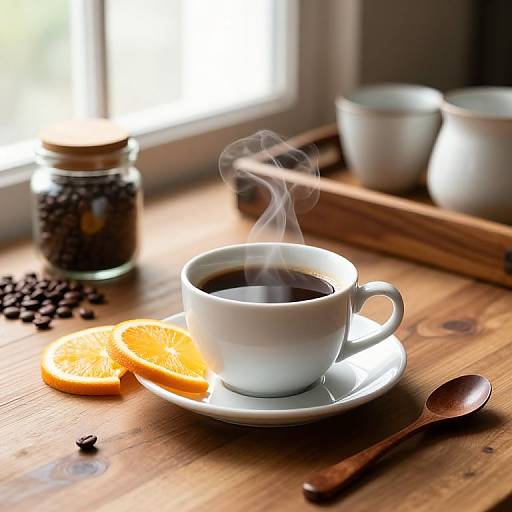 Photograph of a steaming white coffee cup on a saucer with an orange slice, wooden spoon, and jar of coffee beans on a sunlit