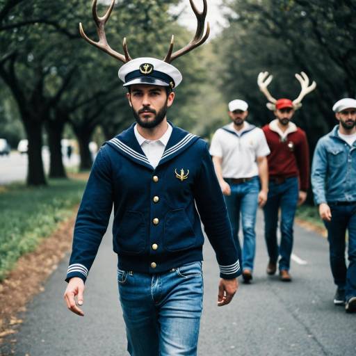 Man in Sailor Costume with Antlers Walking Outdoors